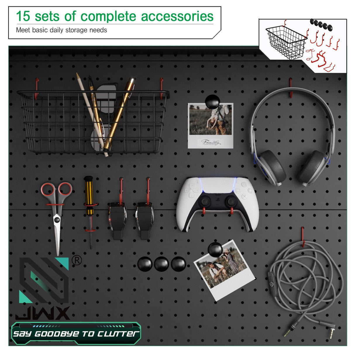 JWX DDB Gaming Pegboard Standing Shelf Units, Modular Pegboard and Shelf System with 15 Pieces Organizer Tool Holders JWX