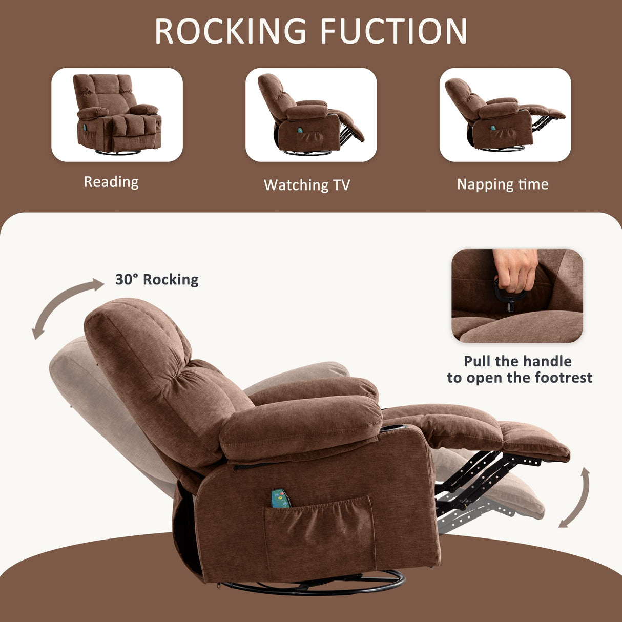 Soft Fabric Recliner Chair With Heat and Massage - Oversized Manual Rocking Recliner for Adults - Big and Tall With 2 Cup Holders for Living Room Fantasylab