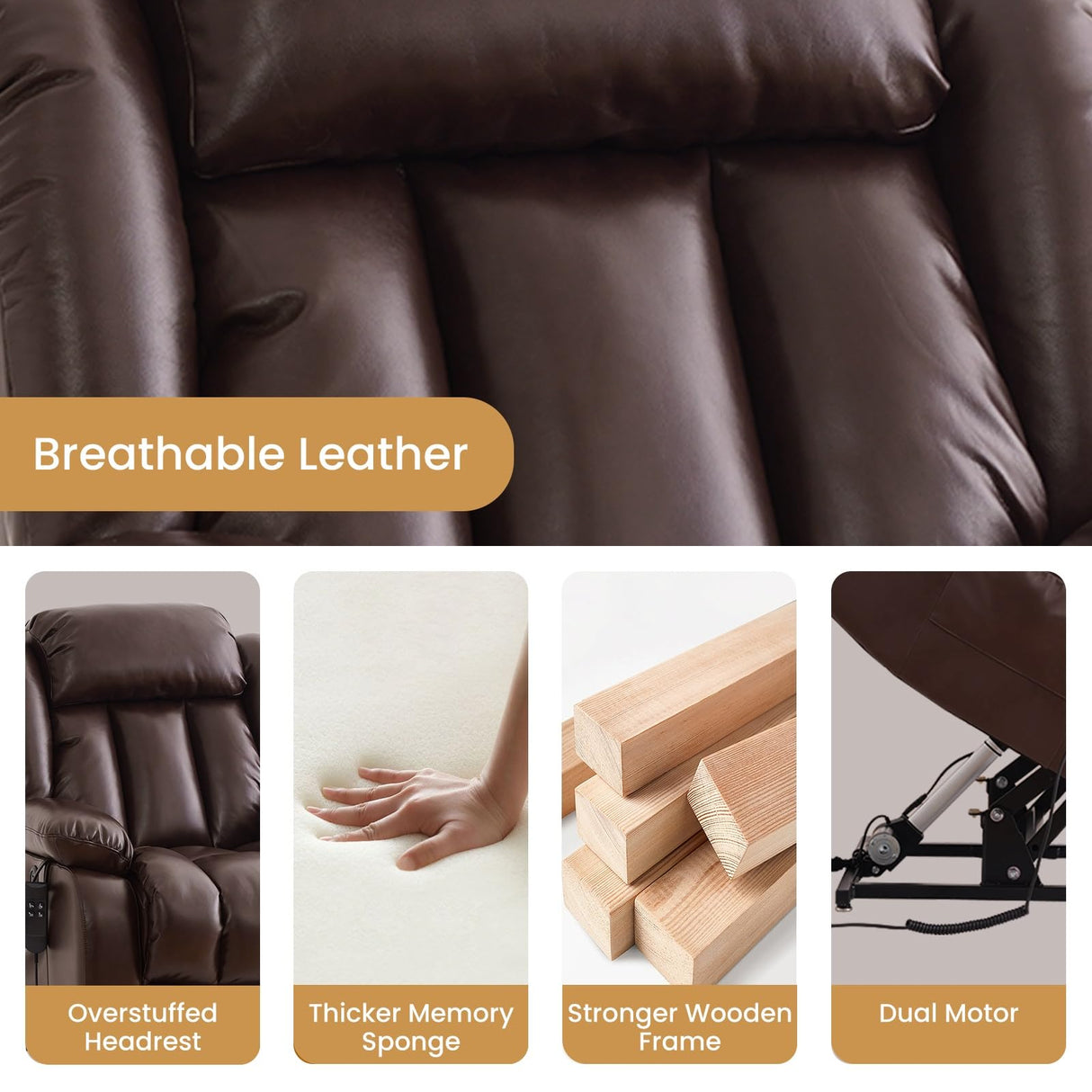 TEKAMON Dual Motor Power Lift Recliner Chair for Elderly, Breathable Leather Recliner with Heat & Massage, Lay Flat Sleeping Chairs with Infinite Position, Remote Control & USB Ports(Brown) TEKAMON