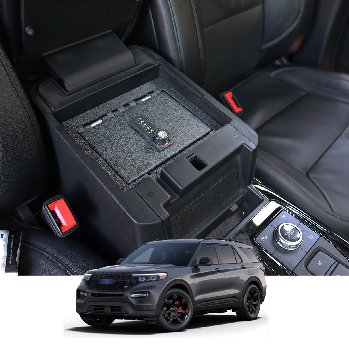 WASAI Center Console Gun Safe - Console Gun Vault Compatible with Ford Explorer 2020-2025, High Security Armrest Lock Box with 4 Digit Combination Lock with Key WASAI