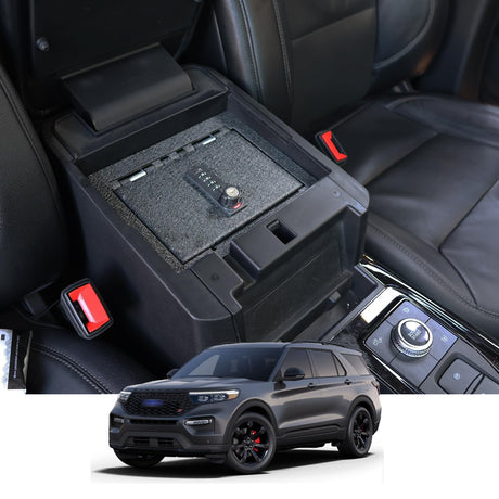 WASAI Center Console Gun Safe - Console Gun Vault Compatible with Ford Explorer 2020-2025, High Security Armrest Lock Box with 4 Digit Combination Lock with Key WASAI