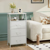 Somdot White Nightstand with Charging Station and LED Light for Bedroom, Tall 3 Drawers Dresser with Fabric Bins for Bedside Kids Dorm Room Closet Laundry Entryway, White Leather Somdot