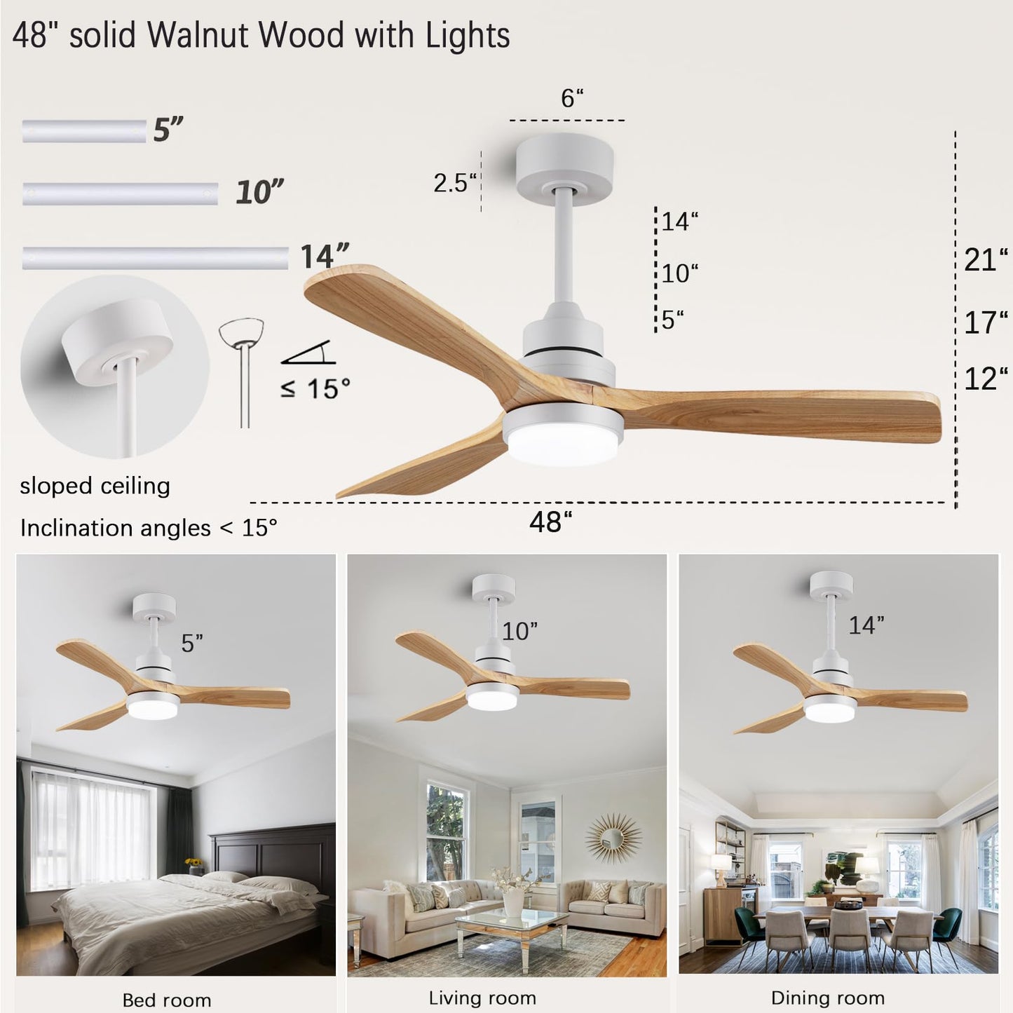 48" wooden ceiling fan with lighted remote control, indoor outdoor wooden ceiling fan, outdoor modern ceiling fan with 3 fan blades for patio, living room, farmhouse, etc (white + wood color)…