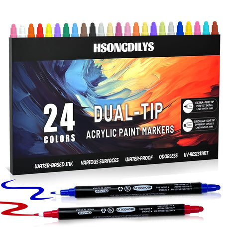 HSONGDILYS 24 Colors Dual Tip Acrylic Paint Pens Set - Ideal for Rock Painting, Wood, Canvas, Glass, and More. Premium Quality Markers for DIY Crafts and Art Projects HSONGDILYS