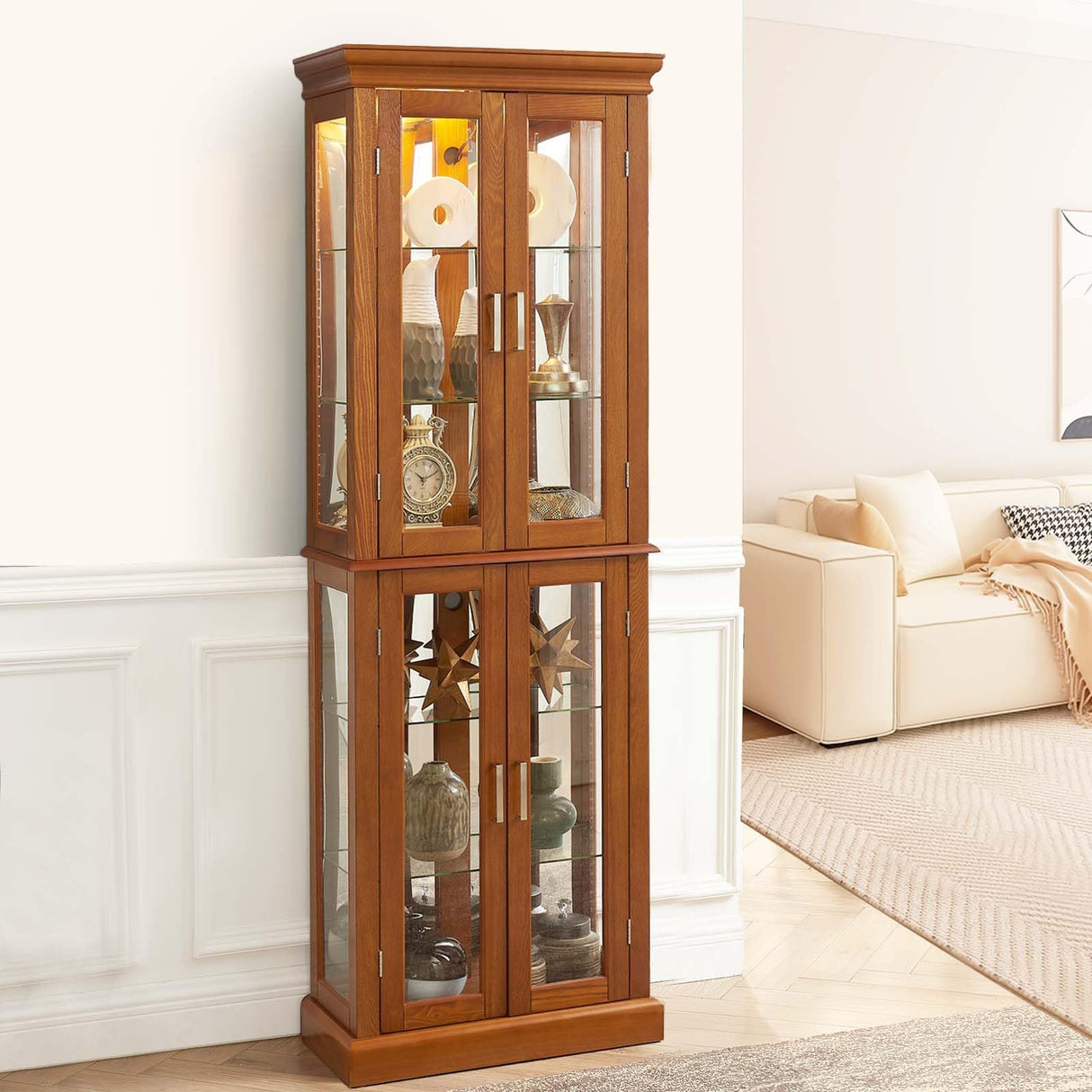 Firscook Curio Cabinet Wooden Display Cabinet,Curio Cabinet with Adjustable Glass Shelves Vintage, Lighted Curio Diapaly Cabinet,Vintage Accent Storage Cabinet with 6 Shelves,70" Curio Cabinet(Oak) Firscook