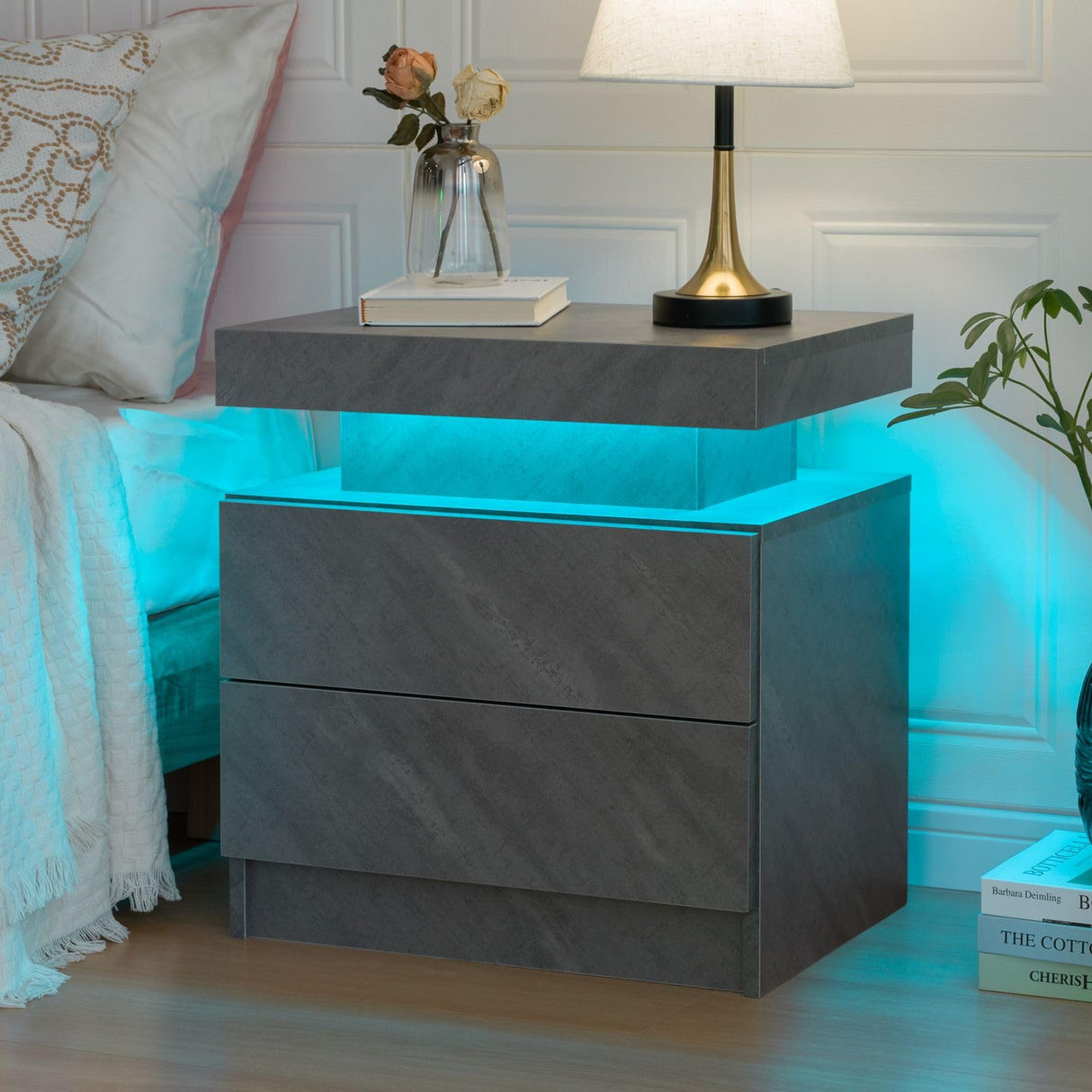 Bingoday LED Night Stand Set of 2 Bedside Tables with 2 Drawers Modern LED End Side Tables Bedroom Nightstands Bingoday