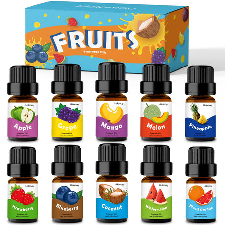 Fruity Fragrance Oil for Candle & Soap Making, Holamay Premium Essential Oils 5ml x 10 - Coconut, Strawberry, Mango, Pineapple, Summer Aromatherapy Diffuser Oils Set Holamay