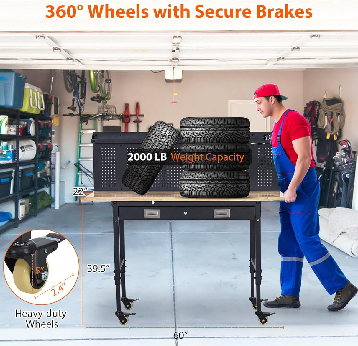 Workbench 60" x 22" Adjustable Height Worktable, Heavy Duty Rubber Wood Top, 2000 LBS Load Capacity, Tool Storage Workstation with Drawer, Pegboard, Power Outlets & Lockable Wheels, with Drawer Back IDEALHOUSE