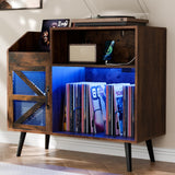 MULEJYBO Large Rustic Record Player Stand with Magnetic Door,350 Vinyl Record Storage Cabinet, Record Player Table with Power Outlet & LED Light,Turntable Stand with Wood Legs for Living Room,Office MULEJYBO