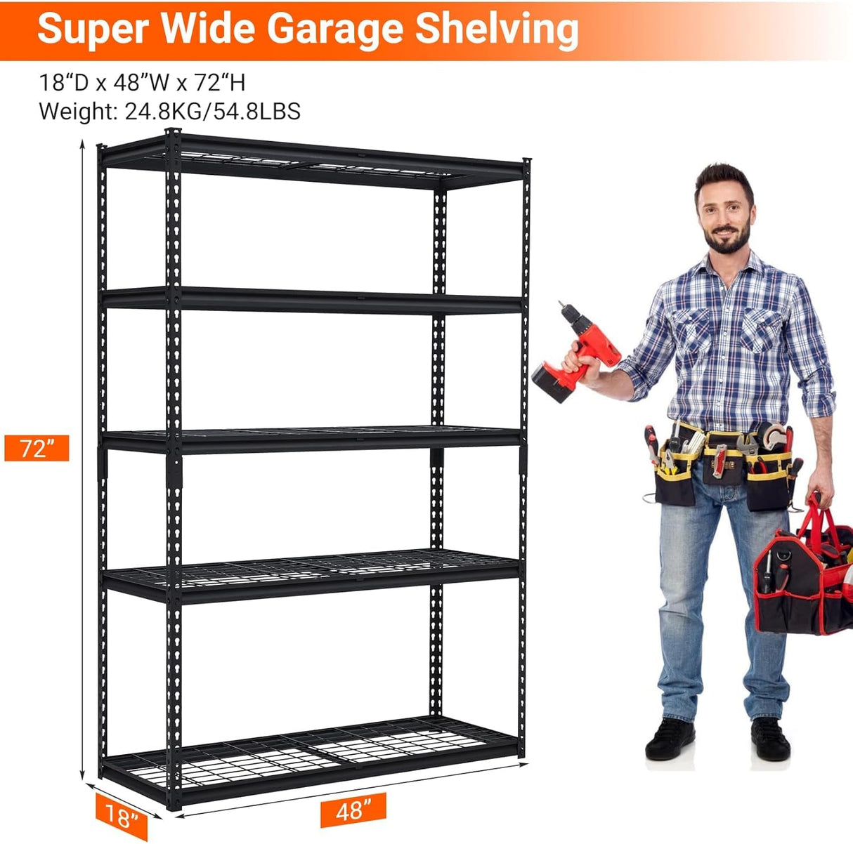 Tioutbot 48"x18"x72" Heavy Duty Garage Shelving, 5-Tier Adjustable Wire Shelf with 2500 lbs Capacity, Industrial Metal Storage Rack for Garage, Basement, Warehouse Tioutbot