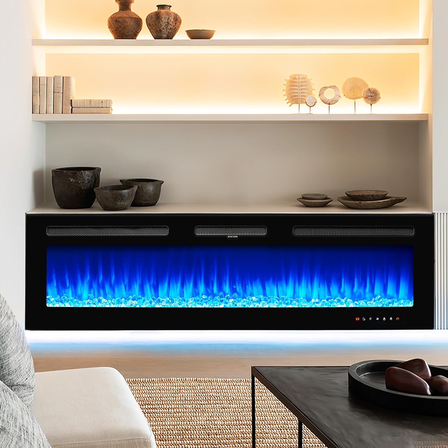 oneinmil Electric Fireplace, 60 inch Wide Recessed and Wall Mounted Electric Fireplace, 750W/1500W, 12 Color Flame, Remote Control, Log Set & Crystal