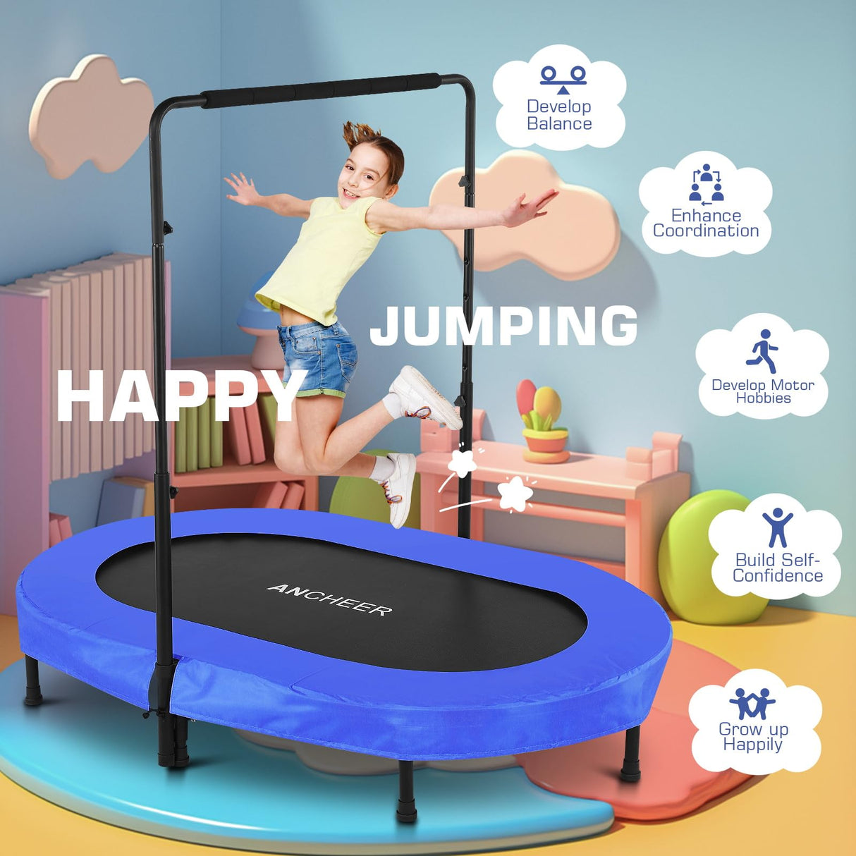ANCHEER 56" Double Mini Trampoline for Kids, Mini Rebounder with 5-Level Adjustable Handle, Parent-Child Trampoline for Kids, Max Load 220lbs, Fun for Indoor/Outdoor ANCHEER