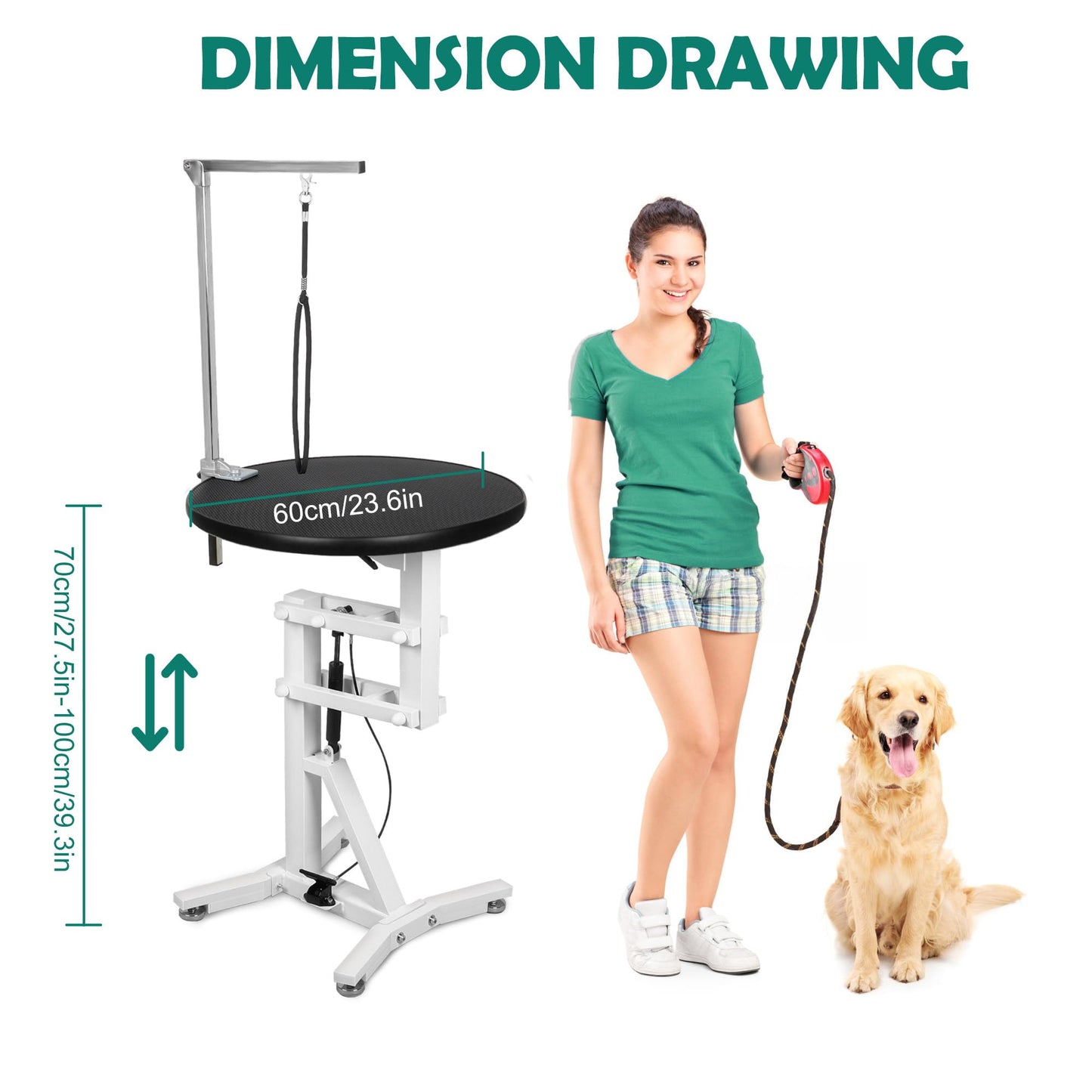 DiDiBirDi 23'' Pet Grooming Table,Pneumatic Lift Dog Grooming Table,Anti-Skid Rubber Circular Rotatable Desktop,Adjustable Overhead Arm, Maximum Capacity Up to 100lbs,Pet Grooming Table for Home