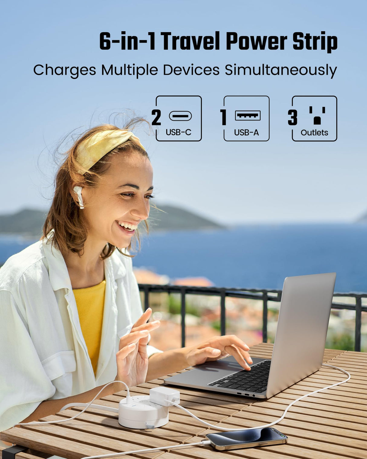 PD 20W C Travel Power Strip, SUPERDANNY 5ft Retractable Extension Cord Fast Charging Station, Portable 3-AC & 3-USB Flat Plug Extension Cord for Home Office, Business Travel, Trip, Cruise, White SUPERDANNY