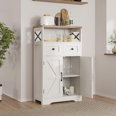 Farmhouse Storage Cabinet with Barn Doors and Shelves, Farmhouse Kitchen Pantry Storage Cabinet, Small Tall Coffee Bar Cabinet with Storage, Hutch Cupboard for Kitchen, Laundry, Living Room,White FiveWillowise