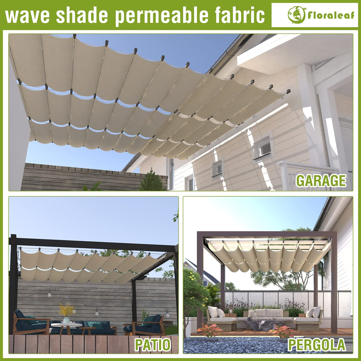 FLORALEAF 7'×16' Pergola Shade Cover Retractable Pergola Replacement Canopy Slide Shade Sail with Cable Hardware for Outdoor Patio Porch Garage Deck Backyard Awning FLORALEAF