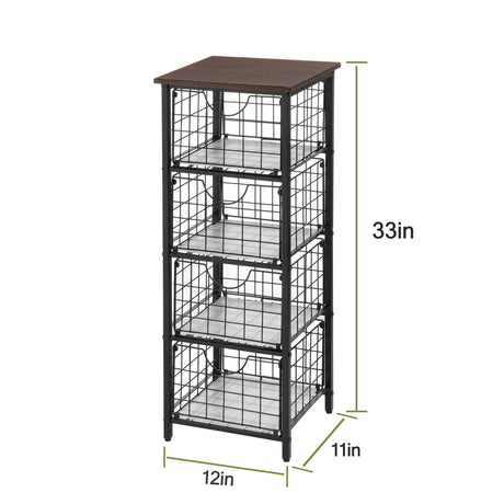 DINGTAI 5-Tier FreeStanding Storage Shelves with 4 Pull-Out Baskets,Bathroom Organizer Shelves Unit with WoodTop,Fruit Basket for Kitchen,Storage Tower Organizer Basket Cart for Bathroom，Black DINGTAI
