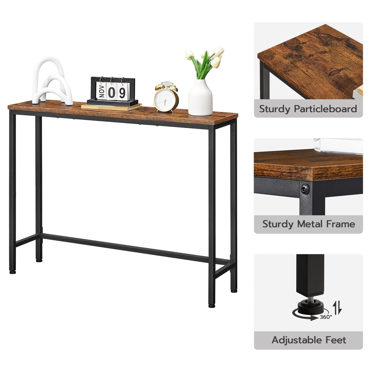 HOOBRO Console Table, Sofa Table with Support Bar, Hallway Entrance Table for Living Room, Entryway, Corridor, Sturdy, Easy Assembly, Wood Look Accent Table, Rustic Brown and Black BF751XG01 HOOBRO
