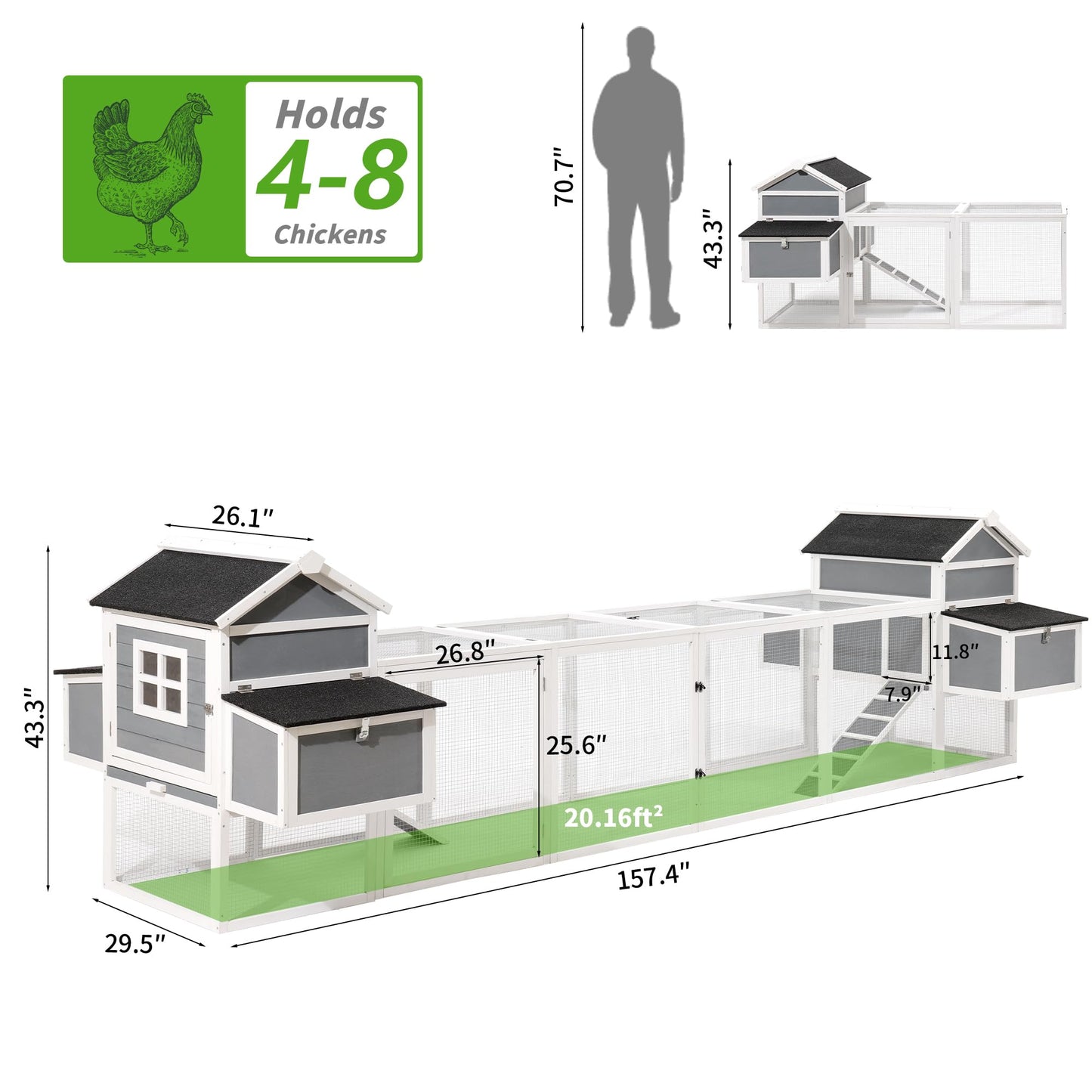 BRELTAM 157'' Large Wooden Chicken Coop Outdoor Expandable Hen House for 4-8 Chickens 2 Story Poultry Cage Chicken Houses with Four Nesting Boxes and Run - WoodArtSupply