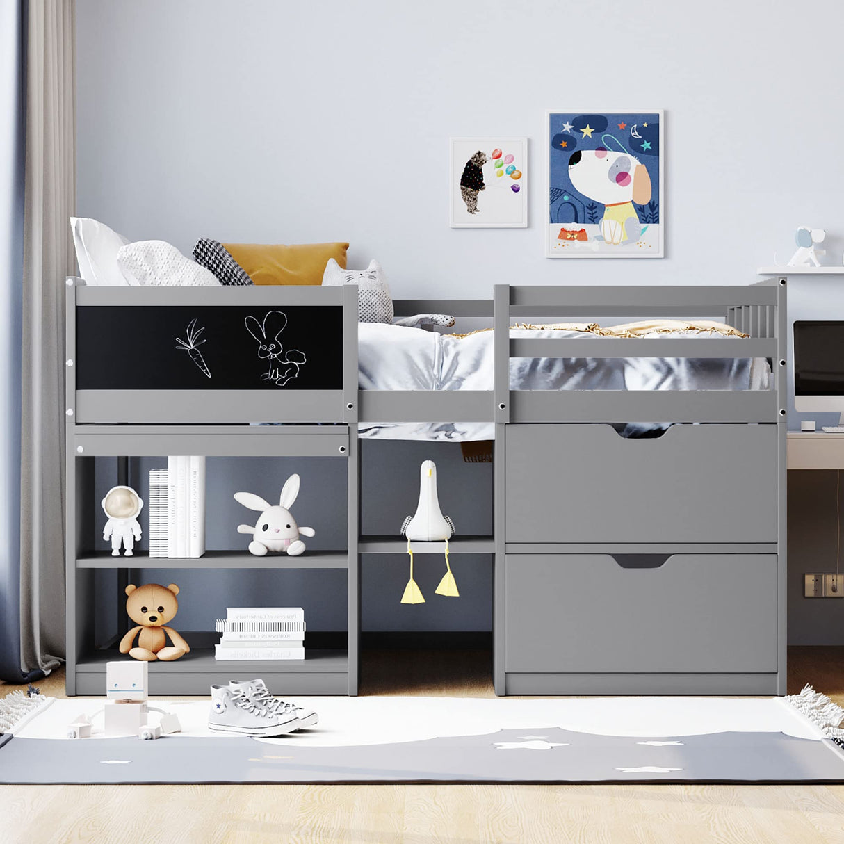 CITYLIGHT Twin Size Low Loft Bed with Storage, Kids Loft Bed with Small Rolling Desk & Chalkboard,Two Shelves and Two Drawers,Wooden Twin Loft Bed for Girls Boys Bedroom,Grey CITYLIGHT