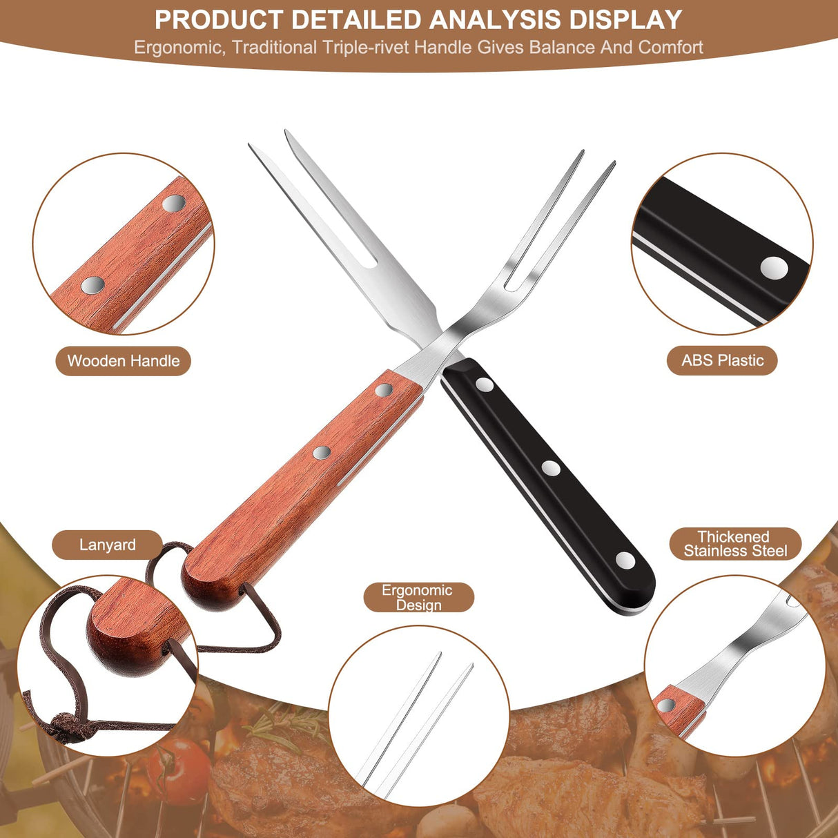 2 Pieces Meat Fork Stainless Steel Carving Fork with Wood Handle Cooking Fork BBQ Fork Grill Fork Steak Fork for Kitchen Barbecue Serving Cooking Grilling Roasting 10.5 Inches, Round Handle CHENGU