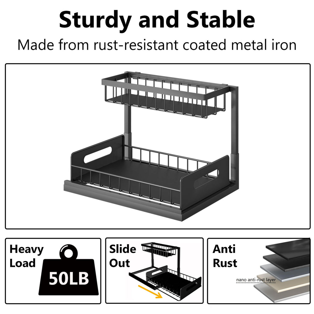 Ceetug Under Sink Organizers and Storage 2 Tier Slide Out Kitchen Cabinet Organizer Sturdy Metal Bathroom Storage (Black, 2 Pack) Ceetug