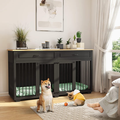 PIAOMTIEE Dog Crate Furniture, 72.4 Inch Wooden Dog Kennel, Modern Decorative Dog House, Dog Crate End Table with Double Doors, Drawers, Divider, Indoor Dog Cage for Large Medium Dogs, Black - WoodArtSupply