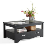 LINSY HOME Farmhouse Coffee Table with Storage, Wood Coffee Table for Living Room, Open Display Area and Storage Drawers with Metal Handles, Chic Style with Curved Base, Black LINSY HOME