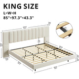 LIKIMIO Floating Bed Frame King Size with Wide Padded Headboard & LED Lights & Charging Station, Modern King Upholstered Platform, No Box Spring Needed, Beige LIKIMIO