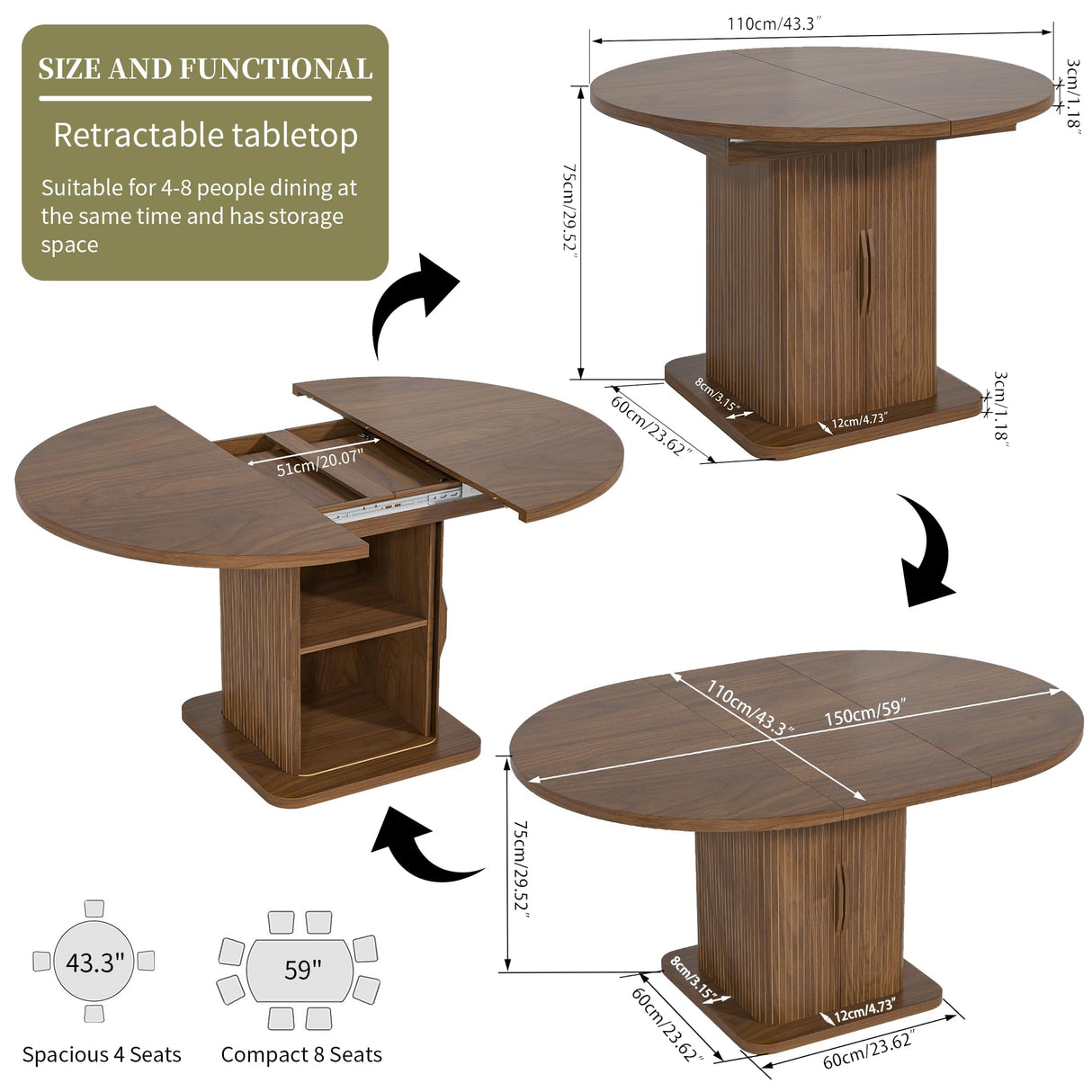 Extendable Round Dining Table for 4-6-8, 59 Inch Dining Room Kitchen Table with Storage, Fluted Wood Slide Door, Modern Oval Circle Dinner Furniture for Living Room, Farmhouse, Brown, Walnut Woemtoric