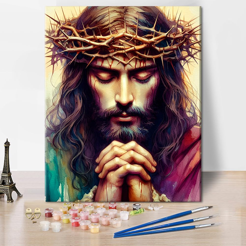 TUMOVO DIY Paint by Numbers Kit for Adults, Jesus Paint by Numbers with Paintbrushes and Acrylic Pigment, Jesus Closed Eyes Praying Paint by Numbers Kit for Adults Beginner 16x20 Inch Frameless TUMOVO