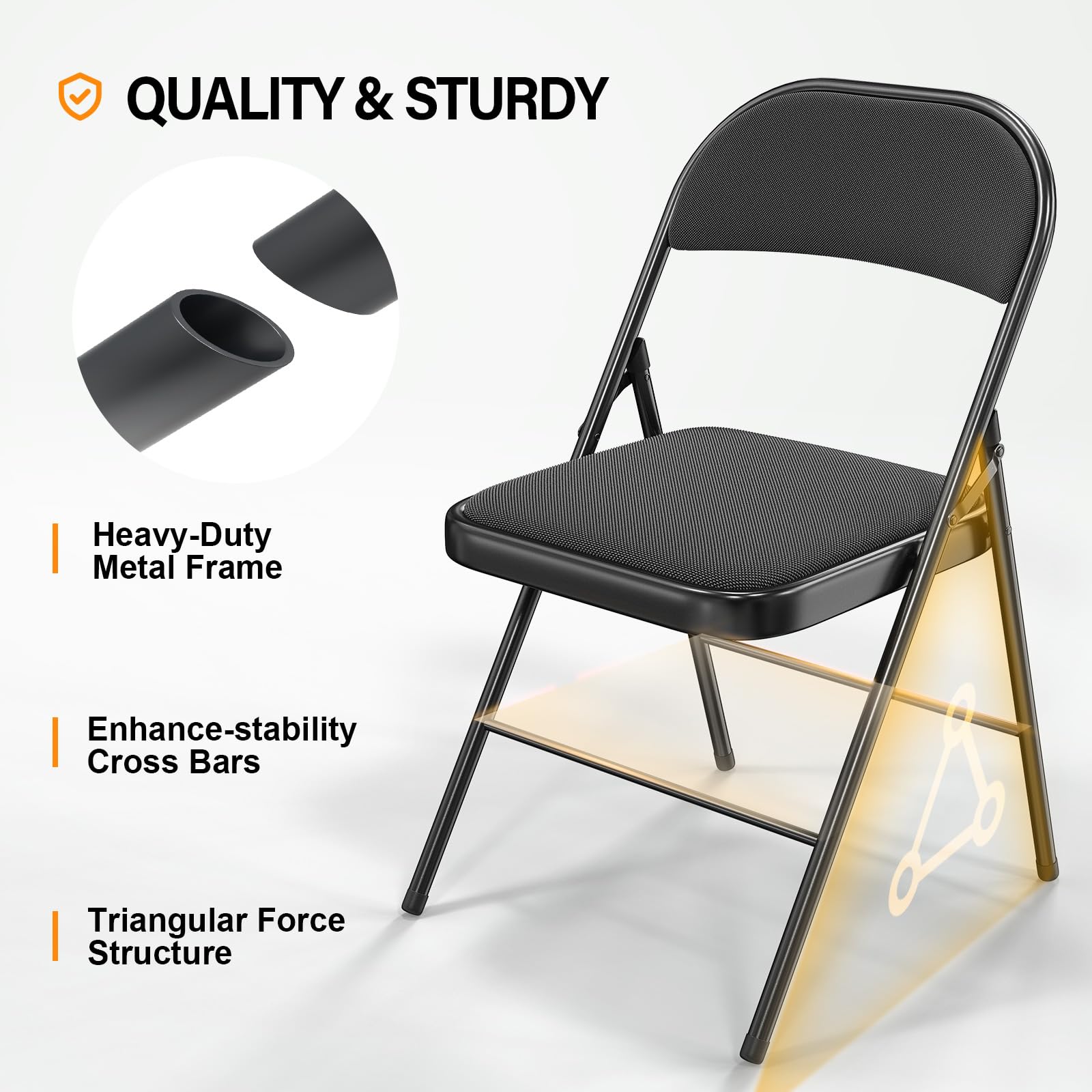 VINGLI Folding Chairs with Padded Seats, Metal Frame with Fabric Seat & Back, Capacity 350 lbs, Black, Set of 6 - WoodArtSupply