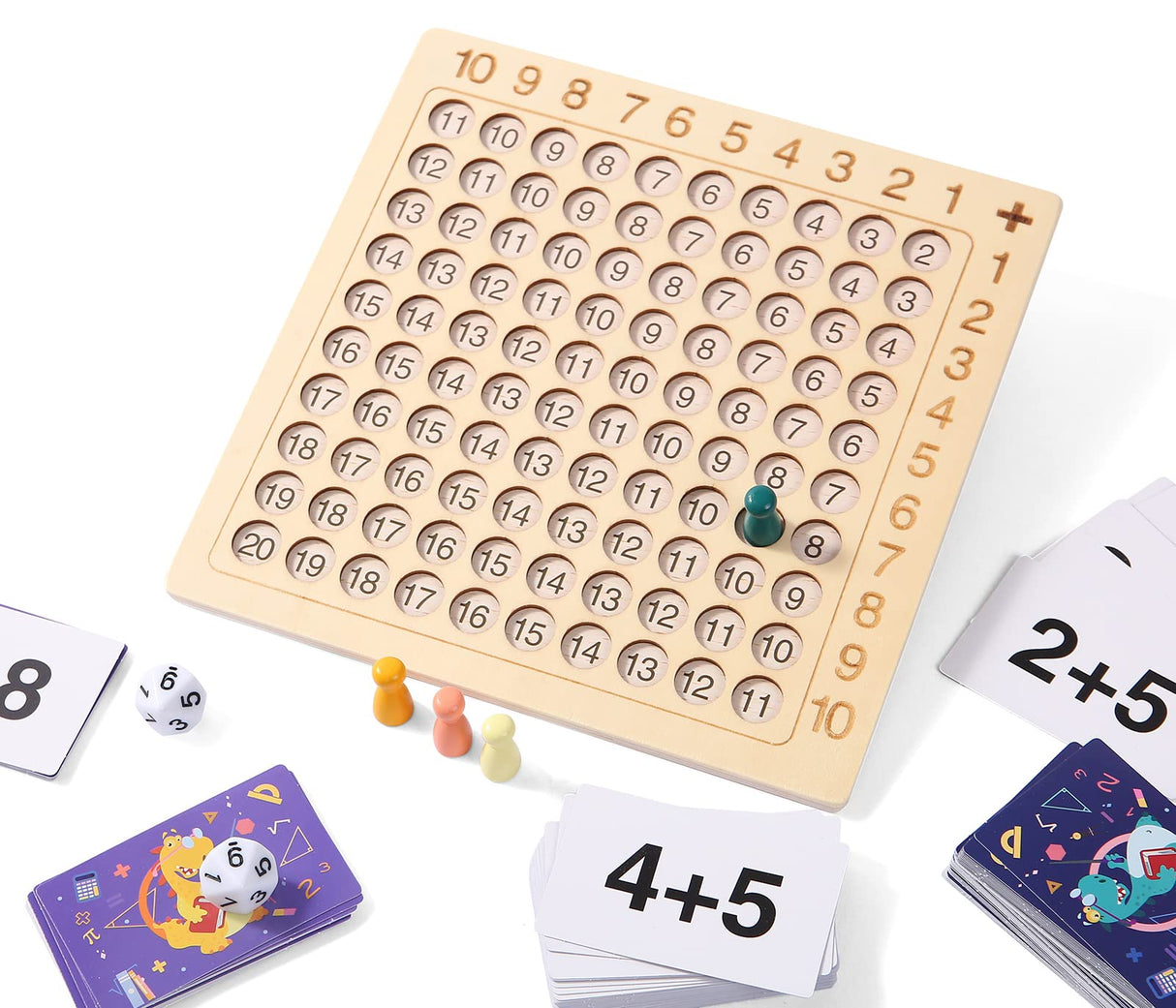2 in 1 Multiplication Addition Math Board Game for Kids - Wooden Montessori Math Toys for Girls Boys 4 5 6 7 8 9 Years Old Wood Double Sided Board Table Dice Card Games for Family Cltoyvers