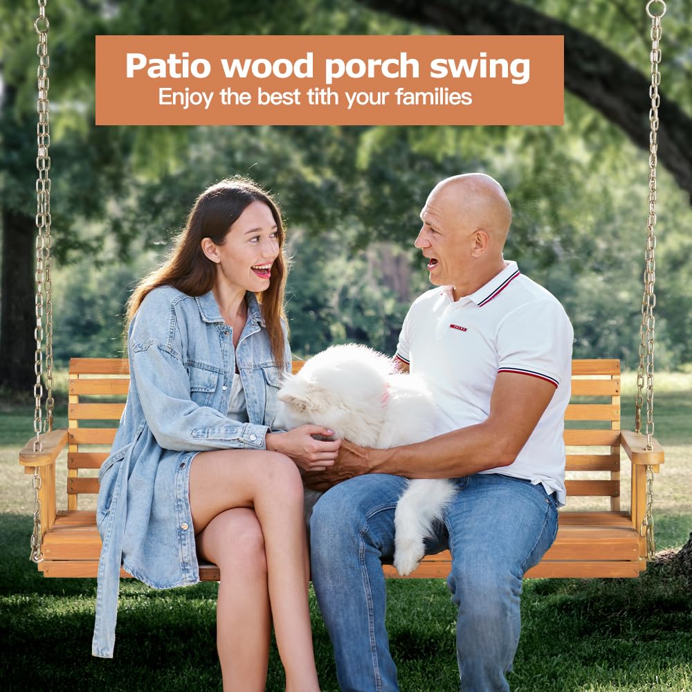 Panana Acacia Wood Porch Swing 2-Seater Outdoor Wooden Swing Bench with Hanging Chains for Garden Backyard Deck Patio Panana