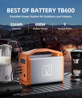 TB600 Portable Power Station, 556Wh LFP Solar Power Generator, 2 * 600W (Peak 1200W) AC Outlets, 100W USB-C, Emergency Backup Battery for Camping, RV, Outdoor, Home Blackout, CPAP (Panel not included) Best of Battery