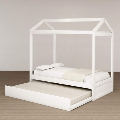 Bellemave White Twin Size House Bed Frame with Trundle for Kids and Toddlers - WoodArtSupply