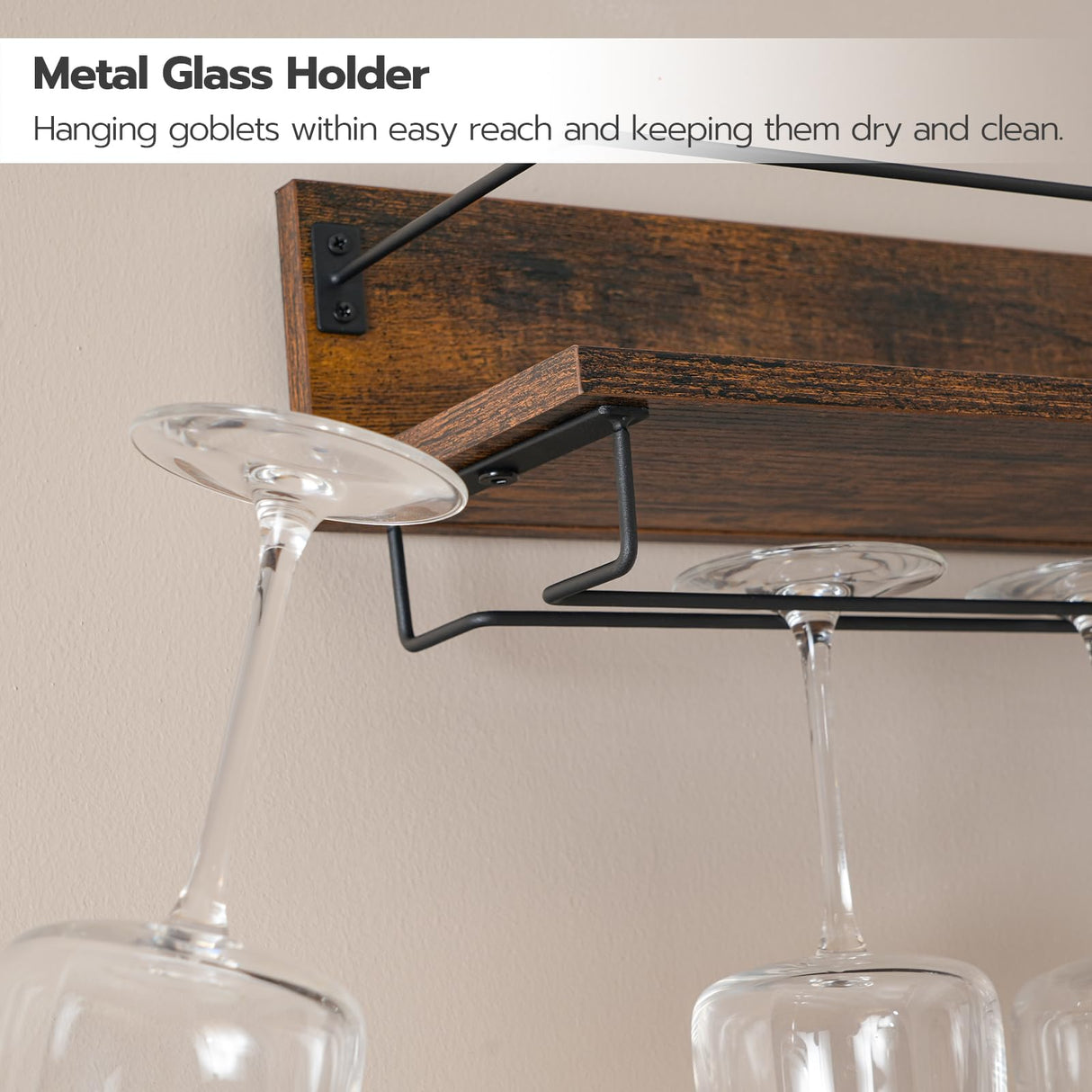 HOOBRO Wall Mounted Wine Rack 2 Pack, Wine Shelf Hanging Floating Wall Shelves, Wine Glass Bottle Rack Stemware Holder, for Living Room, Dining Room, Kitchen, Rustic Brown and Black BF28BJ01 HOOBRO