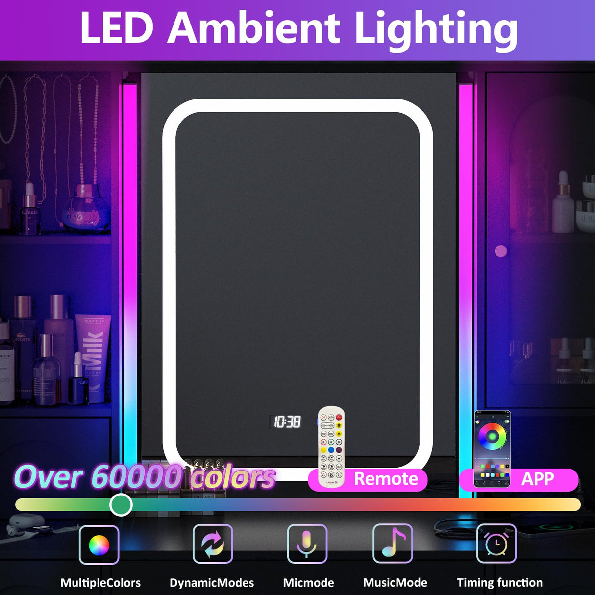 Fameill Black Makeup Vanity Desk with Lights,Makeup Vanity with RGB Lights and Power Strip,Vanity Table with 5 Drawers Lots Storage & Time Display,3 Lighting Modes Vanity Mirror with Lights,41.3in(L) Fameill