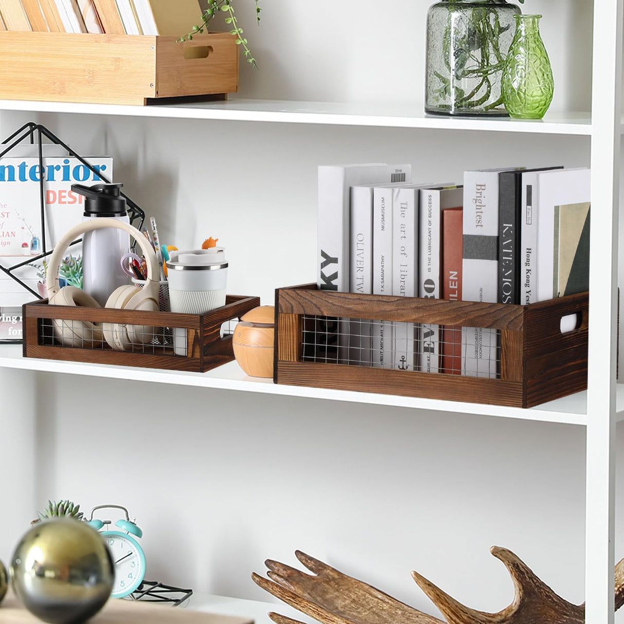 FillTouch 4 Pcs Wooden Nesting Countertop Baskets Set 4 Size Wooden Storage Box with Handles and Metal Wire Multipurpose Wood Organizer Crate for Fruit Vegetable Kitchen Cabinet Bathroom(Walnut) FillTouch