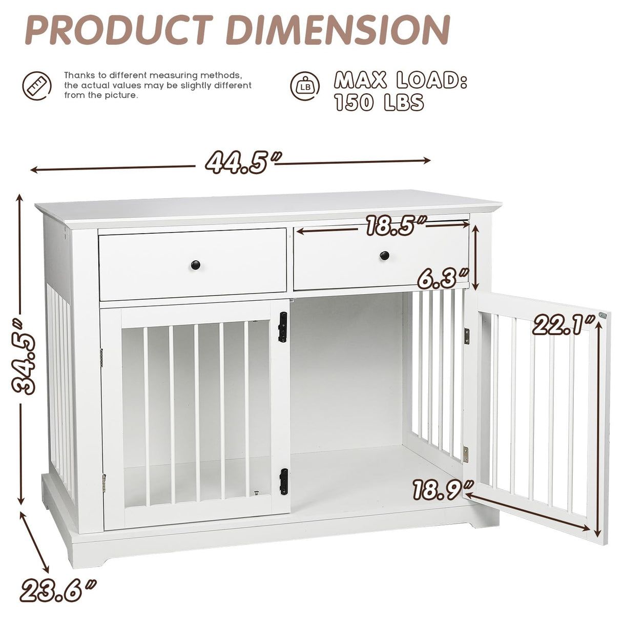 PUKAMI Dog Crate Furniture with Drawers,44inch Wooden Dog Kennel Furniture for Large Breed,End Table Wood Dog House for Indoor use,Dog Crate for Small/Medium/Large Dog(White) PUKAMI