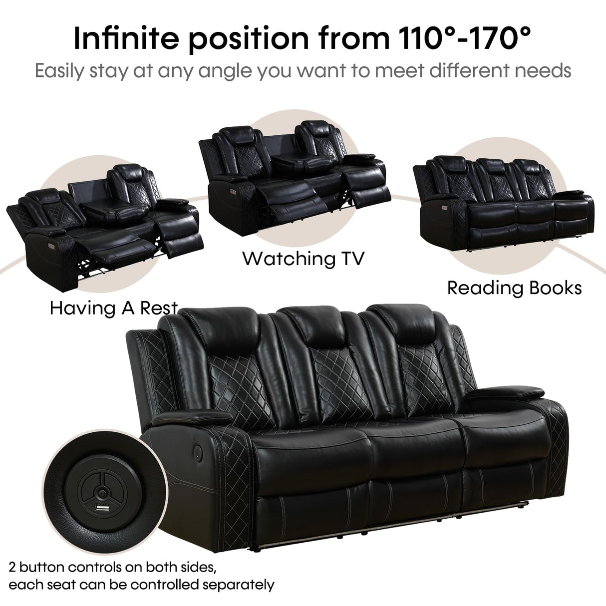 Caberryne Power Recliner Sofa Set with LED Lights,Leather Reclining Sofa and Loveseat Set with USB Port/Cup Holder,Living Room Furniture Set for House/Home Theater(2 Piece Set,Black) Caberryne