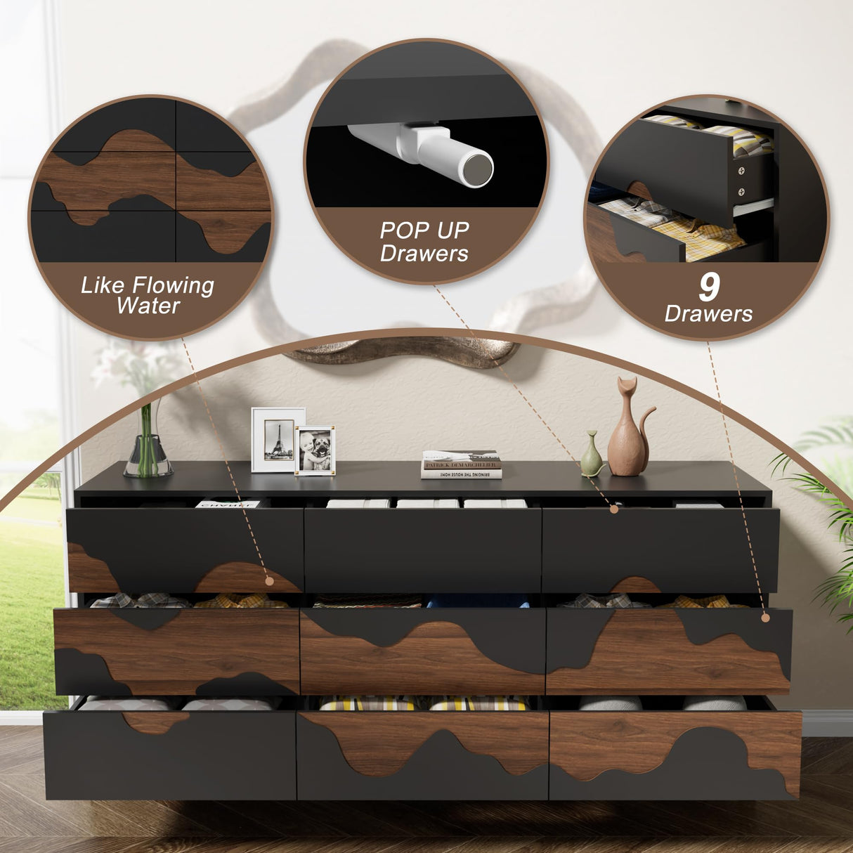 Anbuy Modern 9 Drawer Dresser 63'' for Bedroom with Brown Water Stream Patterns Design - Versatile Storage Solution for Bedroom, Porch (Black and Brown) Anbuy