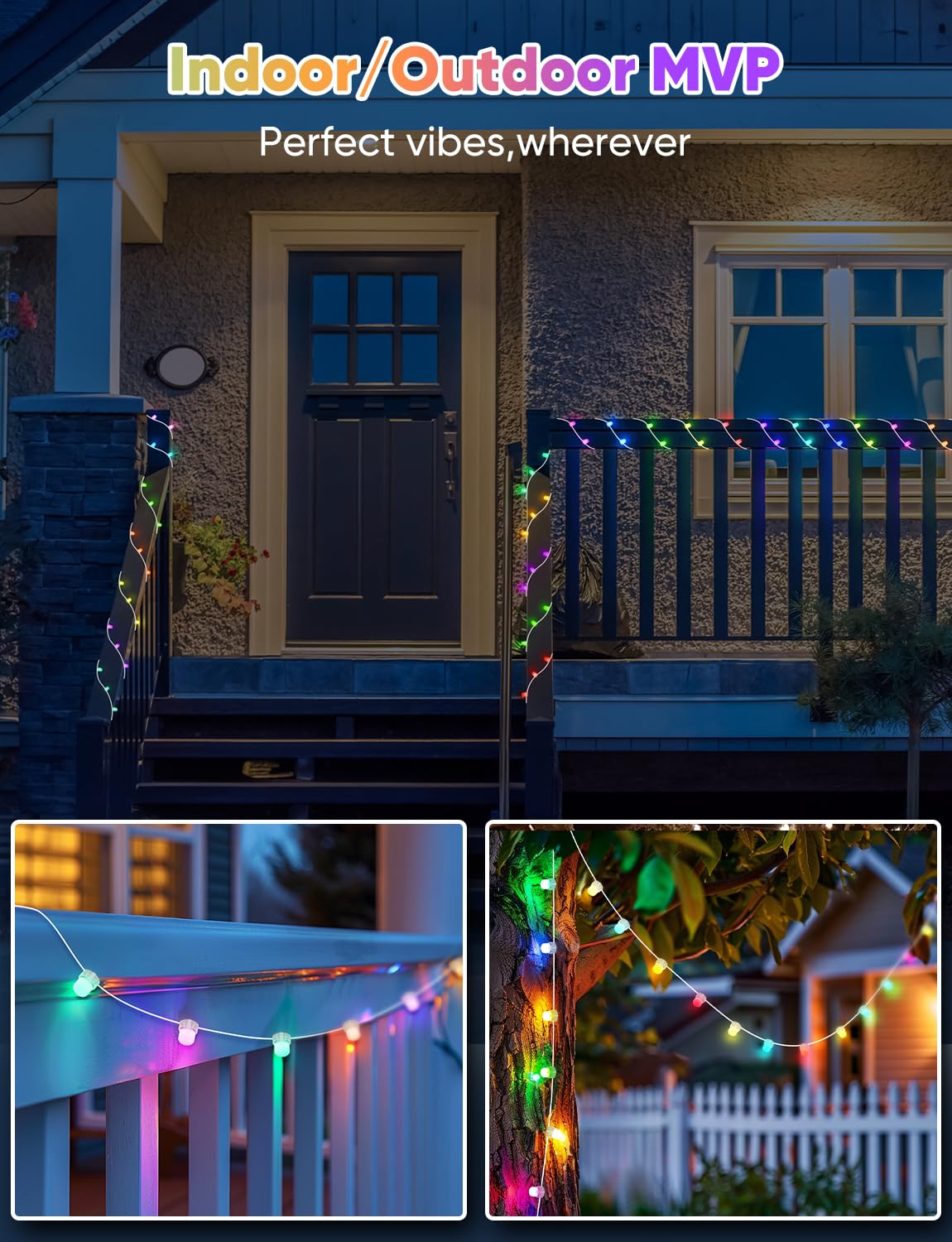 Smart RGB+IC Permanent String Lights Indoor and outdoor 76ft 200 LEDs Music Sync 110+ Scene Modes IP65 Waterproof With Alexa & Google Compatibility For Parties Holidays Everyday Ambiance Christmas PAIFAM