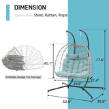 Patiorama 2 Person Double Egg Swing Chair with Stand Indoor Outdoor, Patio Wicker Rattan Hanging Egg Chair w/Cushion, Pillow, Foldable Hammock Chair 550lbs for Bedroom, Balcony, Garden (Light Blue) Patiorama