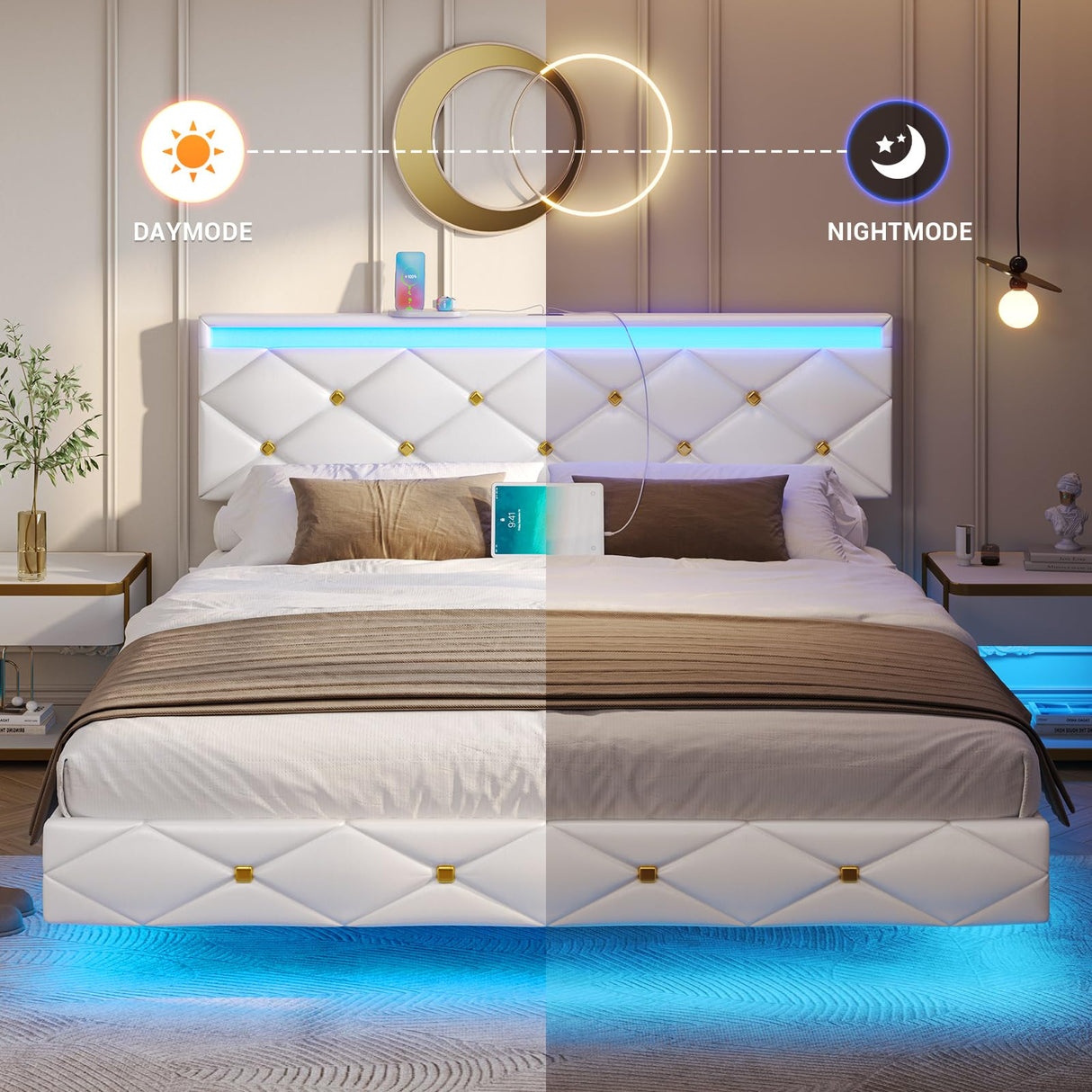 Hasuit Modern Floating Queen Bed Frame with LED Lights and Charging Station Hasuit