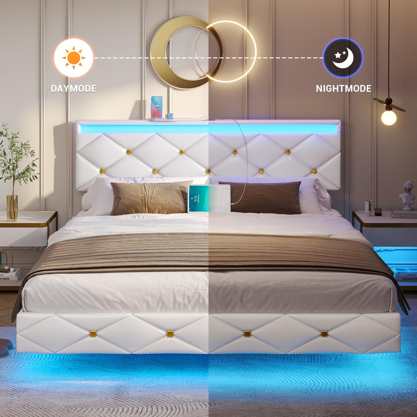 Hasuit Modern Floating Queen Bed Frame with LED Lights and Charging Station - WoodArtSupply