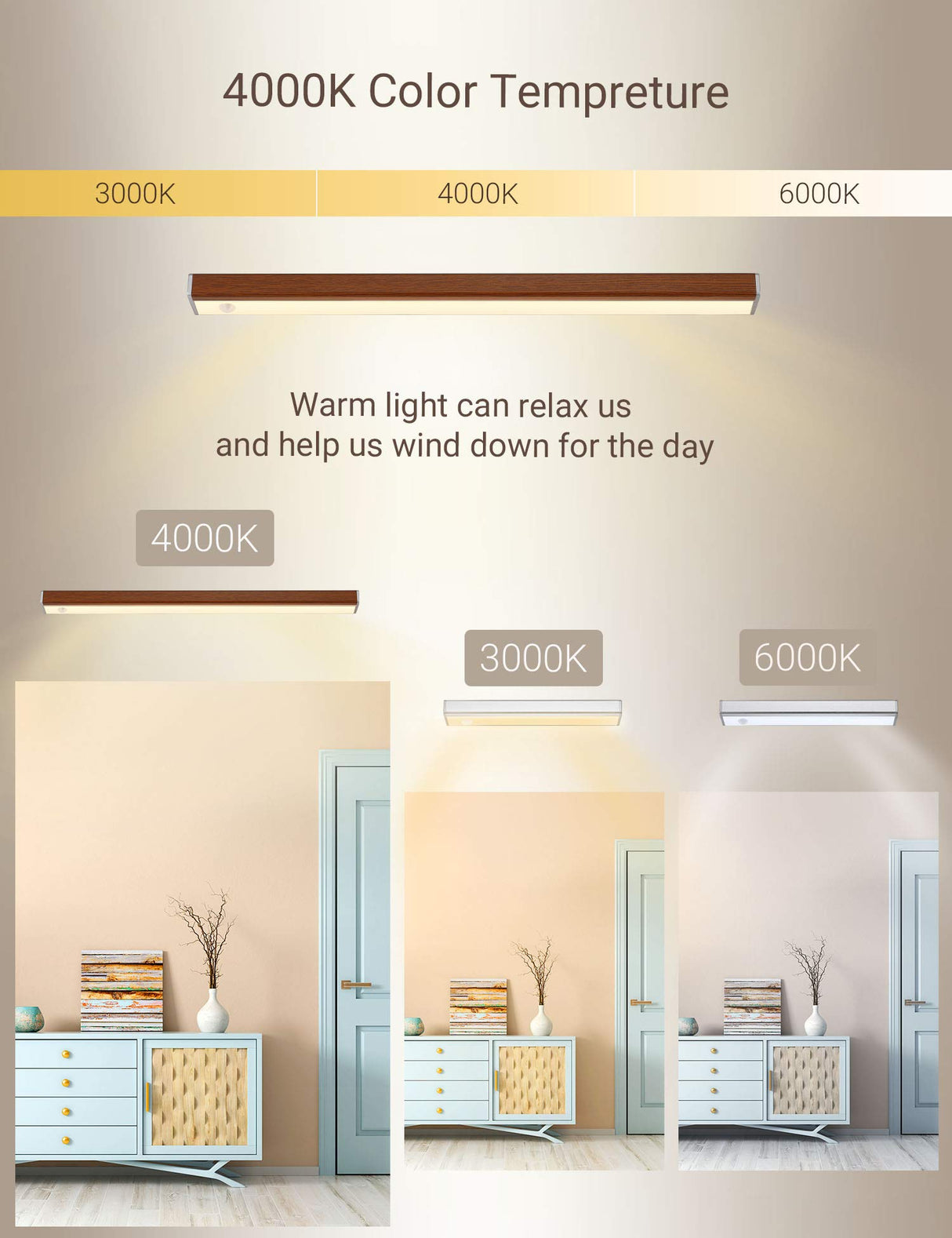 Automatic Wireless Closet Light 48 LED Rechargeable Pantry Light,Two Modes Motion Sensor Lighting Kitchen Lighting Cabinet Lights(158lm, 6500k, 15.9inch) Wood Grain Joyzy