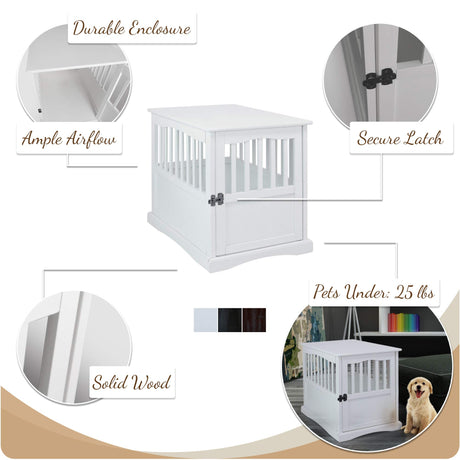 Casual Home Wooden Decorative Indoor Kennel Dog Crate End Table Night Stand Furniture with Lockable Gate for Medium Pets Up to 25 Pounds, White Casual Home