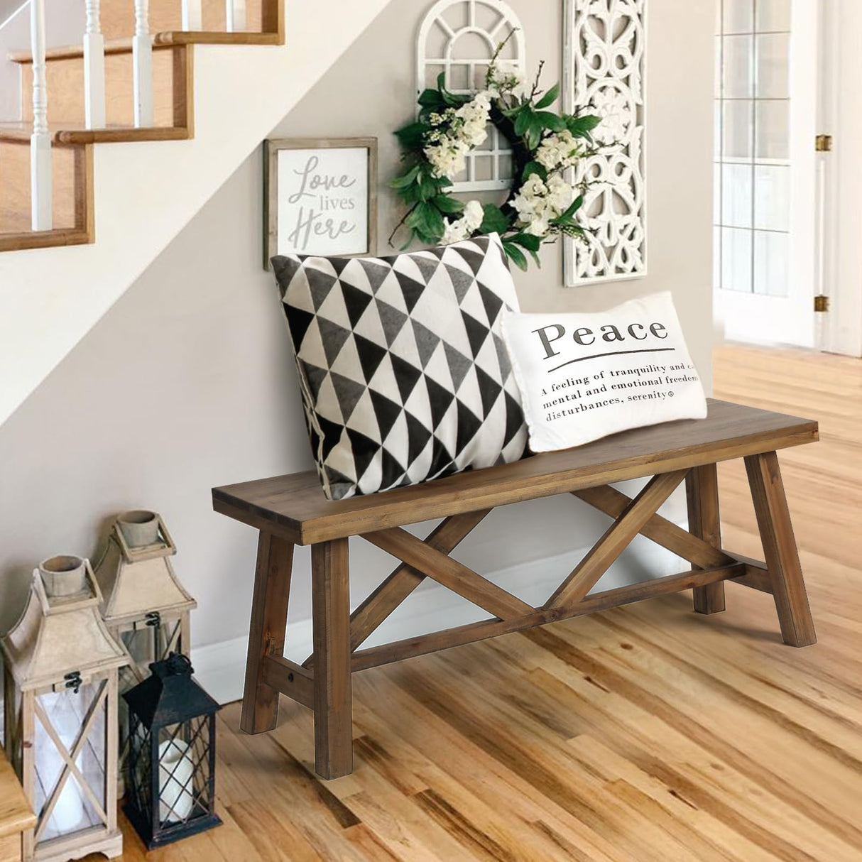 Wnutrees 43" Farmhouse Wood Bench, Rustic Solid Wood Entryway Bench Seat with Double X-Structure for Dining Room, Living Room, Hallway, Bedroom, Structural Stability, Natural Wnutrees