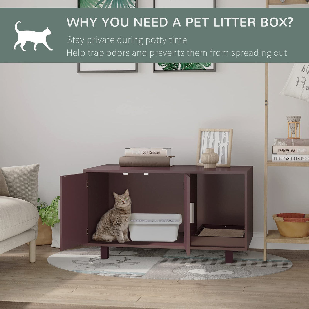PawHut Wooden Cat Litter Box Enclosure & House, Kitty Hidden Washroom, with End Table Design, Scratcher, & Magnetic Doors, Brown PawHut
